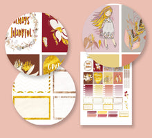 Load image into Gallery viewer, Unique Planner Kit for Thanksgiving. Vertical stickers sized for Erin Condren. Touches of gold leaf effect. Printable Instant download