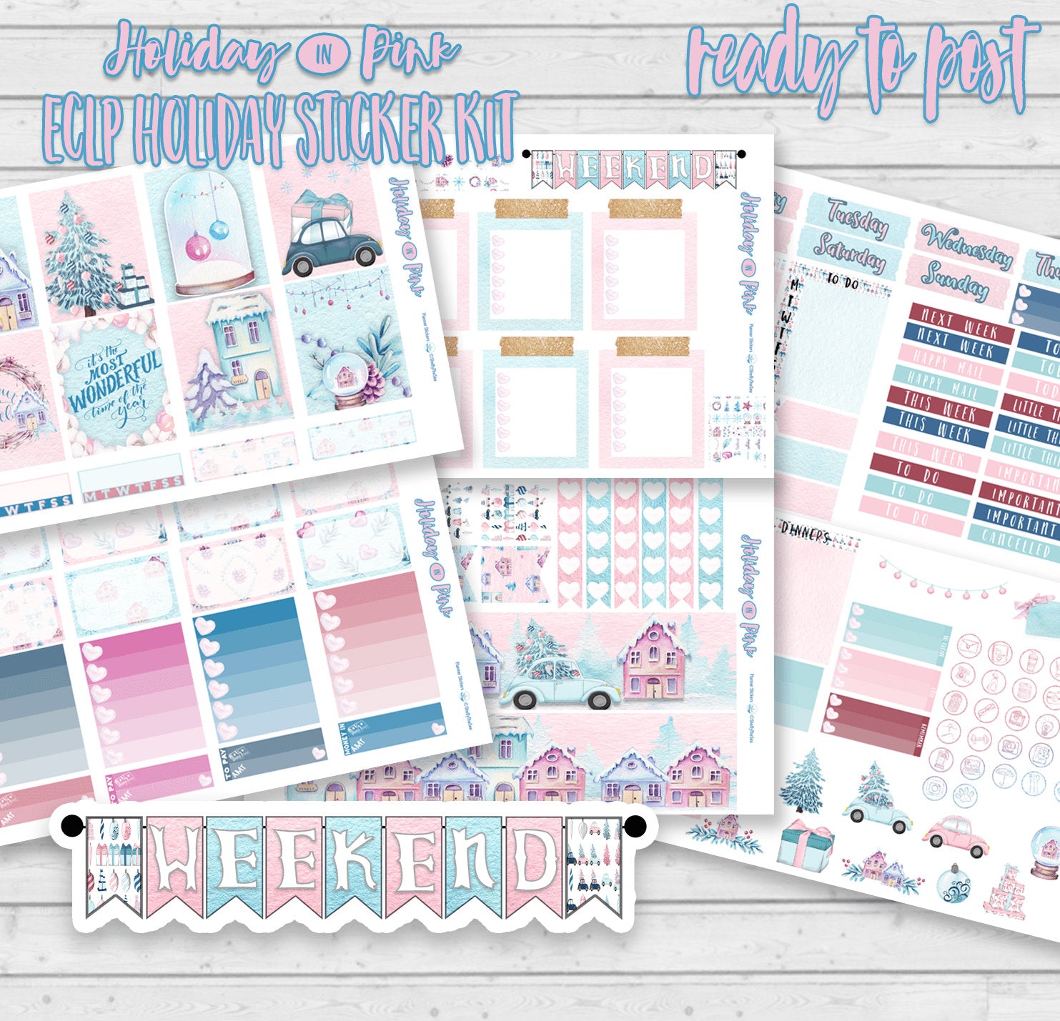 Pink Christmas Sticker Kit for Vertical Planner - Original handmade st ...