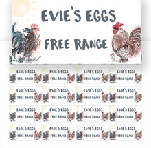 Load image into Gallery viewer, Custom Egg Box Labels with artwork, for free range egg sellers. Farm egg sales stickers handmade in the UK