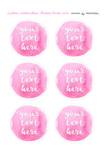 Load image into Gallery viewer, Custom Watercolour Round Text Stickers with colour choices. Custom Party Favor Labels with a star sprinkled border. Baby Shower Sticker Sheets.