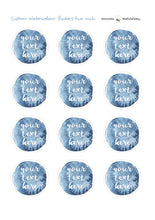 Load image into Gallery viewer, Custom Watercolour Round Text Stickers with colour choices. Custom Party Favor Labels with a star sprinkled border. Baby Shower Sticker Sheets.