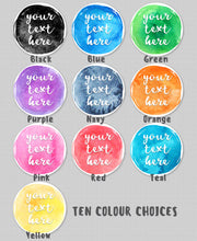 Load image into Gallery viewer, Custom Watercolour Round Text Stickers with colour choices. Custom Party Favor Labels with a star sprinkled border. Baby Shower Sticker Sheets.