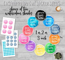 Load image into Gallery viewer, Custom Watercolour Round Text Stickers with colour choices. Custom Party Favor Labels with a star sprinkled border. Baby Shower Sticker Sheets.