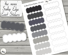 Load image into Gallery viewer, Neutral Planner Stickers - Scallop edged event stickers in shades of grey and black - 38mm width mono stickers. Handmade in the UK
