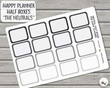 Load image into Gallery viewer, Neutral Half Box Functional Stickers. Perfect for mono planning and sized to fit the Happy Planner. Handmade in the UK.