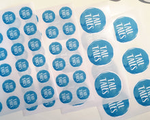 Load image into Gallery viewer, Custom Watercolour Round Text Stickers with colour choices. Custom Party Favor Labels with a star sprinkled border. Baby Shower Sticker Sheets.