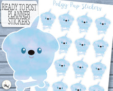 Load image into Gallery viewer, Fun Podgy Puppy Character Stickers in Watercolour Blue.