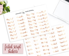 Load image into Gallery viewer, Foiled Script Stickers | Foiled BUJO Stickers | Mixed Text Planner Stickers | Rose Gold Planner Stickers | Real Foil Cursive Reminders