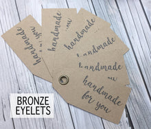 Load image into Gallery viewer, Custom Kraft Swing Tags. Double sided gift/product swing tags with or without metal eyelets.