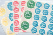 Load image into Gallery viewer, Custom Watercolour Round Text Stickers with colour choices. Custom Party Favor Labels with a star sprinkled border. Baby Shower Sticker Sheets.