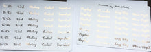 Load image into Gallery viewer, Foiled Script Stickers | Foiled BUJO Stickers | Mixed Text Planner Stickers | Rose Gold Planner Stickers | Real Foil Cursive Reminders
