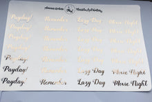 Load image into Gallery viewer, Foiled Script Stickers | Foiled BUJO Stickers | Mixed Text Planner Stickers | Rose Gold Planner Stickers | Real Foil Cursive Reminders