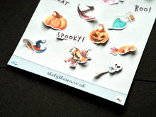 Load image into Gallery viewer, Halloween Mini Stickers for Planners and Bullet Journals | Decor Sheet with 16 Halloween Theme Stickers | Wizard Witch Cute Stickers |