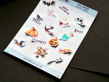 Load image into Gallery viewer, Halloween Mini Stickers for Planners and Bullet Journals | Decor Sheet with 16 Halloween Theme Stickers | Wizard Witch Cute Stickers |