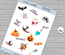 Load image into Gallery viewer, Halloween Mini Stickers for Planners and Bullet Journals | Decor Sheet with 16 Halloween Theme Stickers | Wizard Witch Cute Stickers |