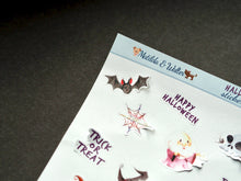 Load image into Gallery viewer, Halloween Mini Stickers for Planners and Bullet Journals | Decor Sheet with 16 Halloween Theme Stickers | Wizard Witch Cute Stickers |
