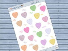 Load image into Gallery viewer, Love Hearts Stickers Sheet | Mini Text Heart Stickers | Handmade Pastel Stickers | Script Planner Deco | Sweetheart Stickers from the UK