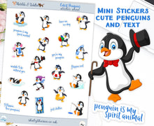 Load image into Gallery viewer, Penguin Stickers, Handmade Mini Stickers Sheet with cute penguins and script stickers for Planners & Bullet Journals, kids's stickers, UK