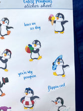 Load image into Gallery viewer, Penguin Stickers, Handmade Mini Stickers Sheet with cute penguins and script stickers for Planners & Bullet Journals, kids's stickers, UK