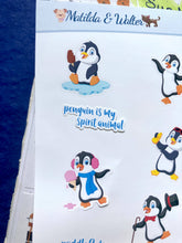 Load image into Gallery viewer, Penguin Stickers, Handmade Mini Stickers Sheet with cute penguins and script stickers for Planners & Bullet Journals, kids's stickers, UK