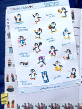 Load image into Gallery viewer, Penguin Stickers, Handmade Mini Stickers Sheet with cute penguins and script stickers for Planners & Bullet Journals, kids's stickers, UK