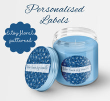 Load image into Gallery viewer, Personalised Circle Stickers, Blue Ditsy Floral Labels with a cursive font, Business Labels, Flower Text Product Label, Custom Sticker Sheet