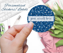 Load image into Gallery viewer, Personalised Circle Stickers, Blue Ditsy Floral Labels with a cursive font, Business Labels, Flower Text Product Label, Custom Sticker Sheet