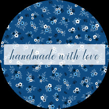 Load image into Gallery viewer, Personalised Circle Stickers, Blue Ditsy Floral Labels with a cursive font, Business Labels, Flower Text Product Label, Custom Sticker Sheet