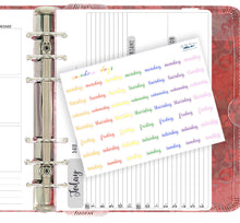 Load image into Gallery viewer, Mini Days of the Week Script Stickers -  Monday to Sunday labels for planner or bullet journal. Colours of the Rainbow. Handmade in the UK.