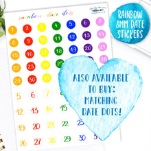 Load image into Gallery viewer, Months of the Year Stickers, 29mm rainbow coloured labels, 84 cursive script planner stickers, seven lines of months, handmade in UK