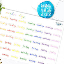 Load image into Gallery viewer, Mini Days of the Week Script Stickers -  Monday to Sunday labels for planner or bullet journal. Colours of the Rainbow. Handmade in the UK.
