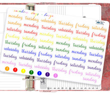 Load image into Gallery viewer, Days of the Week 29mm Script Stickers -  Monday to Sunday labels for planner or bullet journal Colours of the Rainbow. Handmade in the UK.