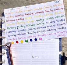 Load image into Gallery viewer, Days of the Week 29mm Script Stickers -  Monday to Sunday labels for planner or bullet journal Colours of the Rainbow. Handmade in the UK.
