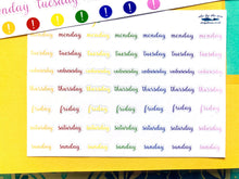 Load image into Gallery viewer, Mini Days of the Week Script Stickers -  Monday to Sunday labels for planner or bullet journal. Colours of the Rainbow. Handmade in the UK.