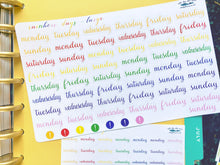 Load image into Gallery viewer, Days of the Week 29mm Script Stickers -  Monday to Sunday labels for planner or bullet journal Colours of the Rainbow. Handmade in the UK.
