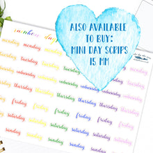 Load image into Gallery viewer, Days of the Week 29mm Script Stickers -  Monday to Sunday labels for planner or bullet journal Colours of the Rainbow. Handmade in the UK.