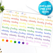 Load image into Gallery viewer, Days of the Week 29mm Script Stickers -  Monday to Sunday labels for planner or bullet journal Colours of the Rainbow. Handmade in the UK.
