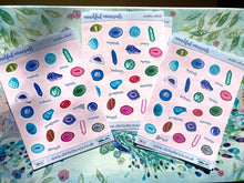 Load image into Gallery viewer, Crystals, Genomes Mini Stickers Sheet, Deco Decals for journaling, Crystal Gift, Agate, Fluorite, Labradorite, Aventurine Tower, Quartz