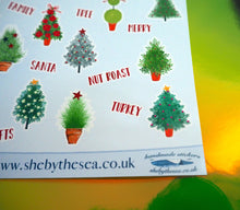 Load image into Gallery viewer, Christmas Trees Stickers Sheet, Xmas Mini Deco for journaling, Holiday stickers handmade in the UK for planners and journals