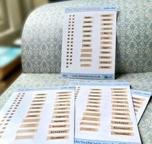 Load image into Gallery viewer, Dates Days and Month Stickers featuring vintage tape. Unique Date Dots with Bandaid appearance & typewriter script. Unusual Month Markers