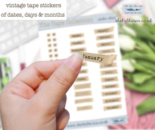 Load image into Gallery viewer, Dates Days and Month Stickers featuring vintage tape. Unique Date Dots with Bandaid appearance & typewriter script. Unusual Month Markers