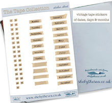 Load image into Gallery viewer, Dates Days and Month Stickers featuring vintage tape. Unique Date Dots with Bandaid appearance & typewriter script. Unusual Month Markers