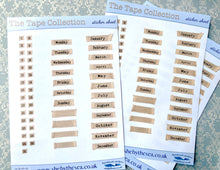 Load image into Gallery viewer, Dates Days and Month Stickers featuring vintage tape. Unique Date Dots with Bandaid appearance & typewriter script. Unusual Month Markers