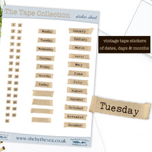 Load image into Gallery viewer, Dates Days and Month Stickers featuring vintage tape. Unique Date Dots with Bandaid appearance & typewriter script. Unusual Month Markers
