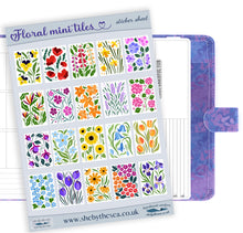 Load image into Gallery viewer, Flower Stamps Stickers sheet. Mini floral artworks, decals deco for bullet journals. Tiny tiled stickers of English garden floral sprays.
