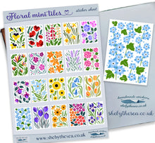 Load image into Gallery viewer, Flower Stamps Stickers sheet. Mini floral artworks, decals deco for bullet journals. Tiny tiled stickers of English garden floral sprays.