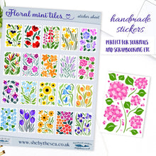 Load image into Gallery viewer, Flower Stamps Stickers sheet. Mini floral artworks, decals deco for bullet journals. Tiny tiled stickers of English garden floral sprays.