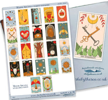 Load image into Gallery viewer, Tarot 'Cards' Sticker sheet. Major Arcana. Mini New Age artworks, decals deco for journals etc. Tiny stickers of tarot cards.