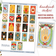 Load image into Gallery viewer, Tarot 'Cards' Sticker sheet. Major Arcana. Mini New Age artworks, decals deco for journals etc. Tiny stickers of tarot cards.