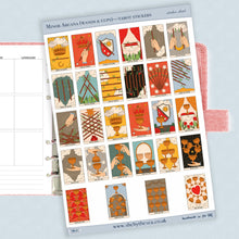 Load image into Gallery viewer, Tarot Card Stickers sheet. Minor Arcana wands & cups. Mini New Age artworks, decals deco for journals etc. Tiny stickers of tarot cards.